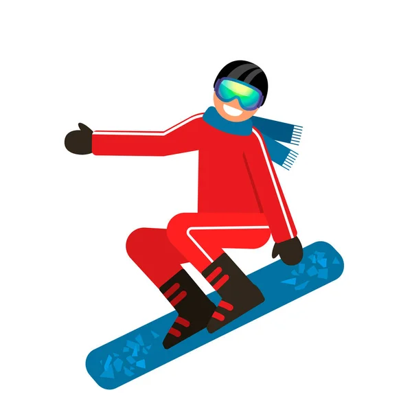 Молодой спортсмен прыгает с горы на сноуборде. изолированная плоская векторная иллюстрация — стоковый вектор