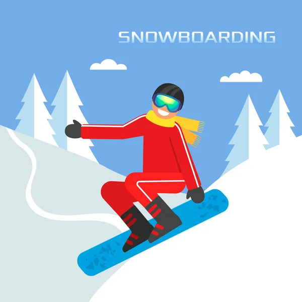 Un joven atleta snowboarder saltando desde la montaña. ilustración vectorial plana aislada — Vector de stock