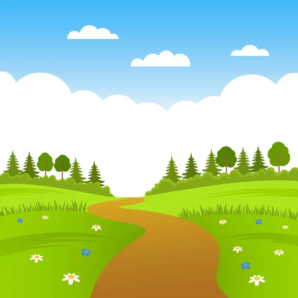 Hermoso campo de paisaje de verano, bosque y carretera. vector plano — Vector de stock