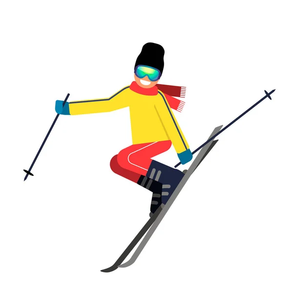 Young sportsman skier jumping on skis from a mountain in the background of a winter forest. The concept of sport and competition. vector illustration — Stock Vector