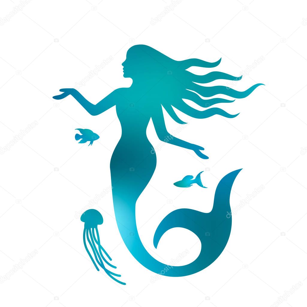 Silhouette of a beautiful mermaid with long hair under the water. flat vector illustration isolated on white background