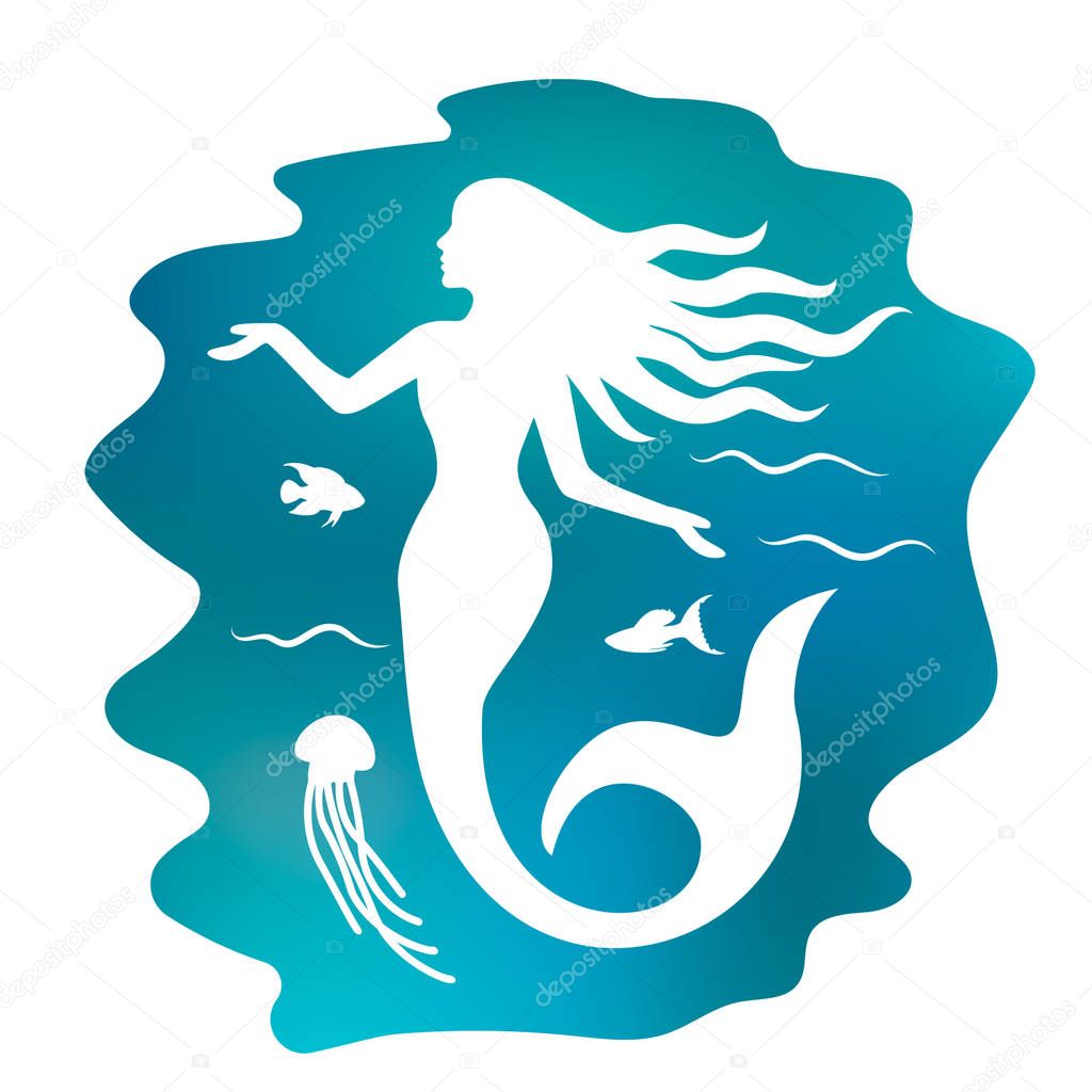 Silhouette of a beautiful mermaid with long hair under the water. flat vector illustration isolated on white background