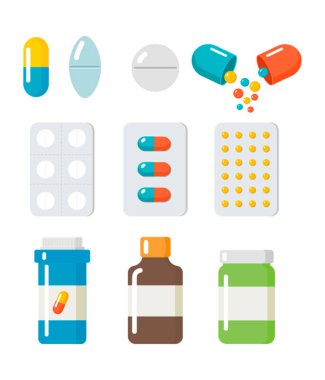 Pills kapsül ler simgeleri vektör düz ayarlayın. Tıbbi vitamin eczane vektörü