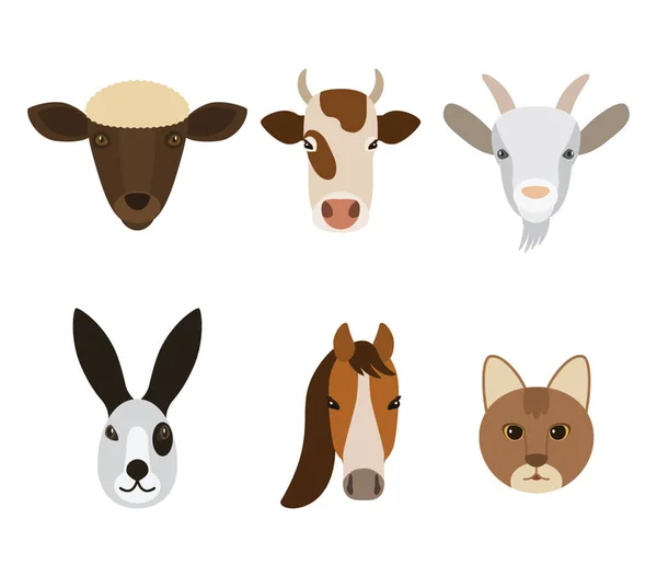 Set of animals' muzzles with a farm in a cartoon style isolated on a white background. vector — Stock Vector