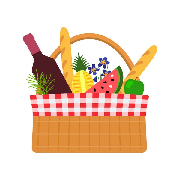 Cesta de vime para um piquenique com comida e flores. Ilustração vetorial plana isolada sobre fundo branco — Vetor de Stock