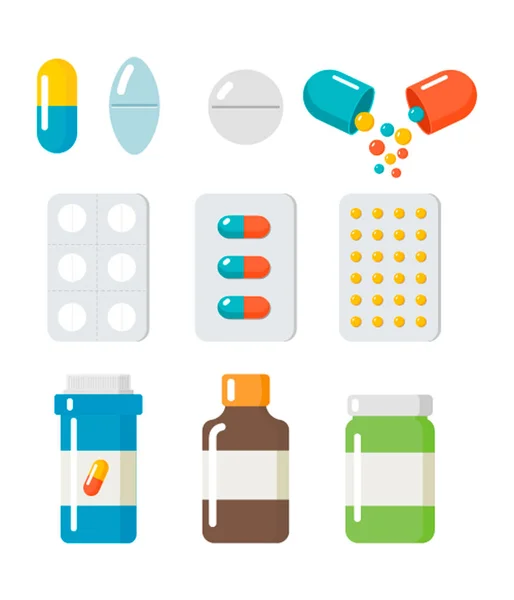 Pastillas cápsulas iconos vector conjunto plano. Medicina vitamina farmacia vector — Archivo Imágenes Vectoriales