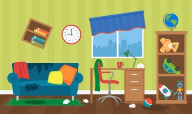Oyuncaklar, mobilyalar ve bir pencere ile çocuk odasında karışıklık. Temizlik şirketi için temizlik konsepti. vektör illüstrasyon izole