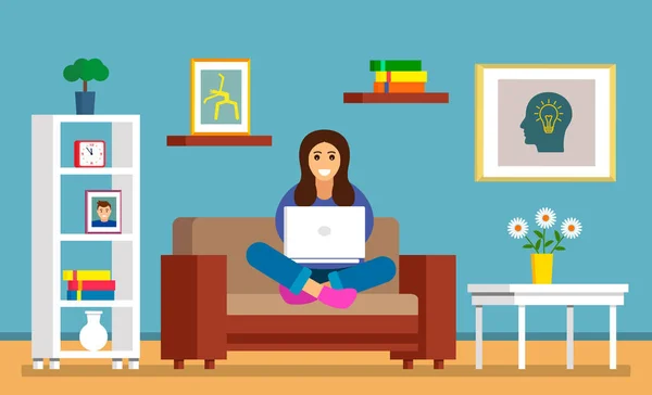 A beautiful young girl is sitting on the sofa with a laptop in a room for searching information on the Internet. The concept of modern man and the sensations of learning online. vector illustration — Stock Vector