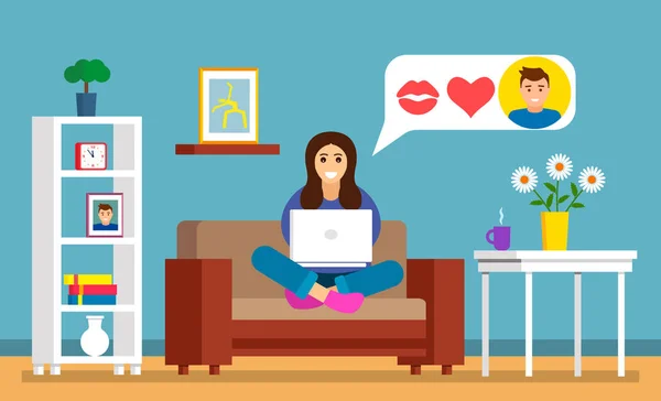 Beautiful young girl sitting on the couch with a laptop in online love correspondence. concept of online dating and dating blindly.. vector illustration — Stock Vector