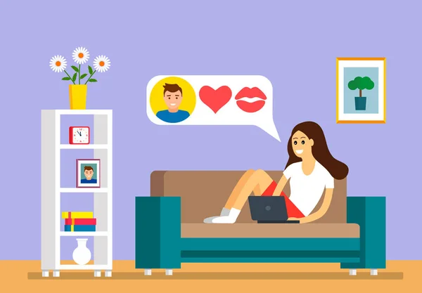 Schöne junge Mädchen sitzt auf der Couch mit einem Laptop in Online-Liebesbriefe. Konzept der Online-Dating und Dating blind.. Vektor Illustration — Stockvektor