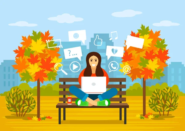 秋天，一个漂亮的年轻女孩正坐在公园里，带着一台笔记本电脑在互联网上搜索信息。现代人的概念和交流，在线学习。矢量插图 — 图库矢量图片