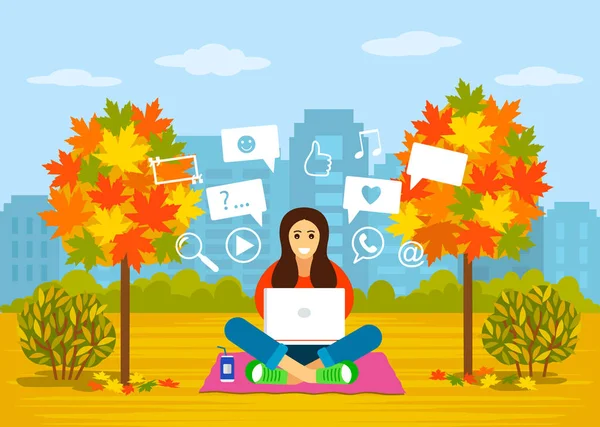 A beautiful young girl is sitting in a park in autumn with a laptop for searching information on the Internet. concept of modern man and communication, learning online. vector illustration — Stock Vector