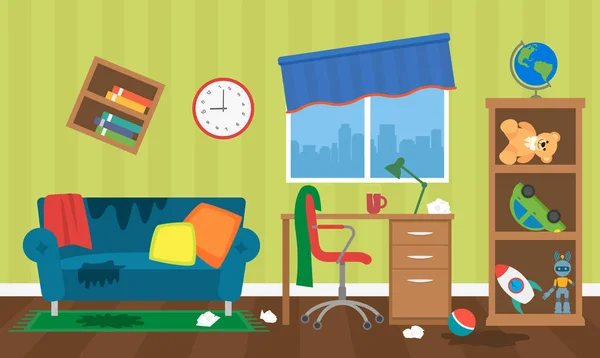 Mess di kamar anak-anak dengan mainan, furnitur dan jendela. Konsep kebersihan perusahaan pembersih. ilustrasi vektor terisolasi - Stok Vektor