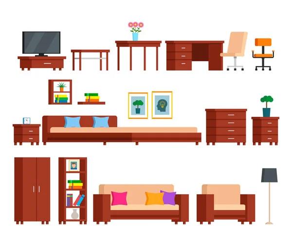 Egy gyűjteményből származó moduláris bútorok nagy halmaza. Hálószoba, dolgozószoba, nappali. sík vektor izometrikus illusztráció izolált — Stock Vector