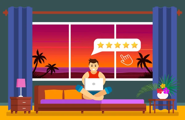 Een jonge man op vakantie in Egypte, in het hotelkamer tarieven de kwaliteit van de service in het hotel voor 5 sterren. Positieve feedback op het internet. Het concept van modern zakendoen. platte vector — Stockvector