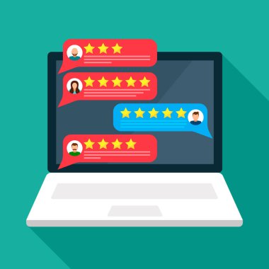 mal ve hizmetlerin kalitesi hakkında müşteri geribildirim bir değerlendirme ile açık dizüstü bilgisayar. kullanıcı avatarları. düz vektör illüstrasyon