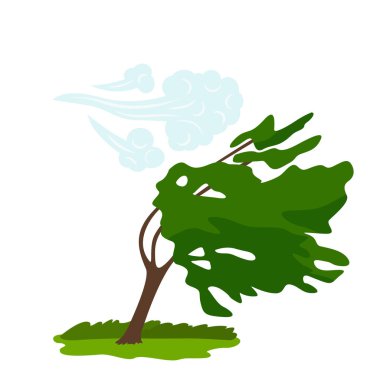 Yeşil ağacı büken rüzgarın simgesi. hava, kasırga ve doğanın diğer unsurları kavramı. düz vektör illüstrasyon