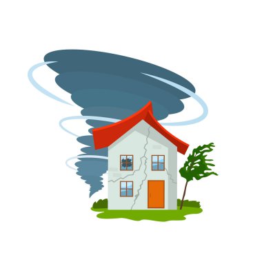 Yıkıcı bir kasırga bir evi yok eder, bir çatı uçup gider, ağaçlar kırılır. kötü hava manzara ve felaket ve uyarı bir işareti.