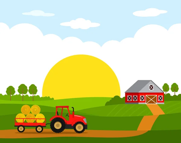 Amanecer en la granja. Paisaje rural con hangar y tractor rojo con remolque y cosecha.Ilustración vectorial plana — Vector de stock