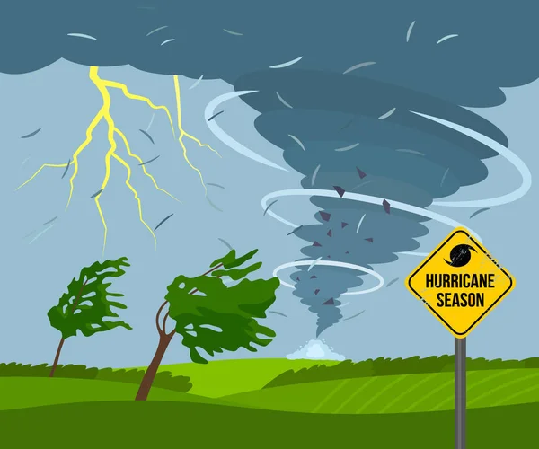 Ein verheerender Tornado auf dem Land reißt Bäume um. Schlechtwetterlandschaft und Verkehrszeichen der Katastrophe und Warnung. — Stockvektor