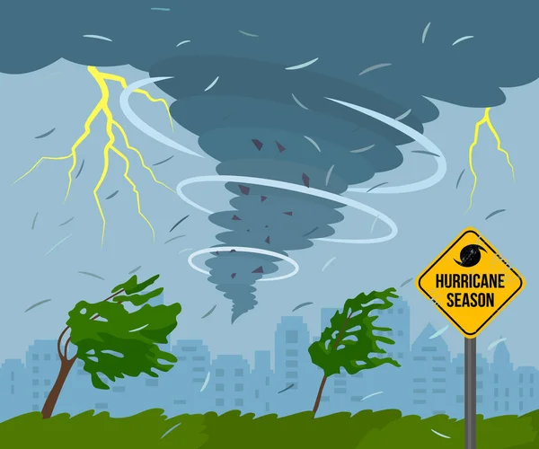 Şehirde yıkıcı bir kasırga ağaçları kırıyor. kötü hava manzara ve afet ve uyarı yol işareti.