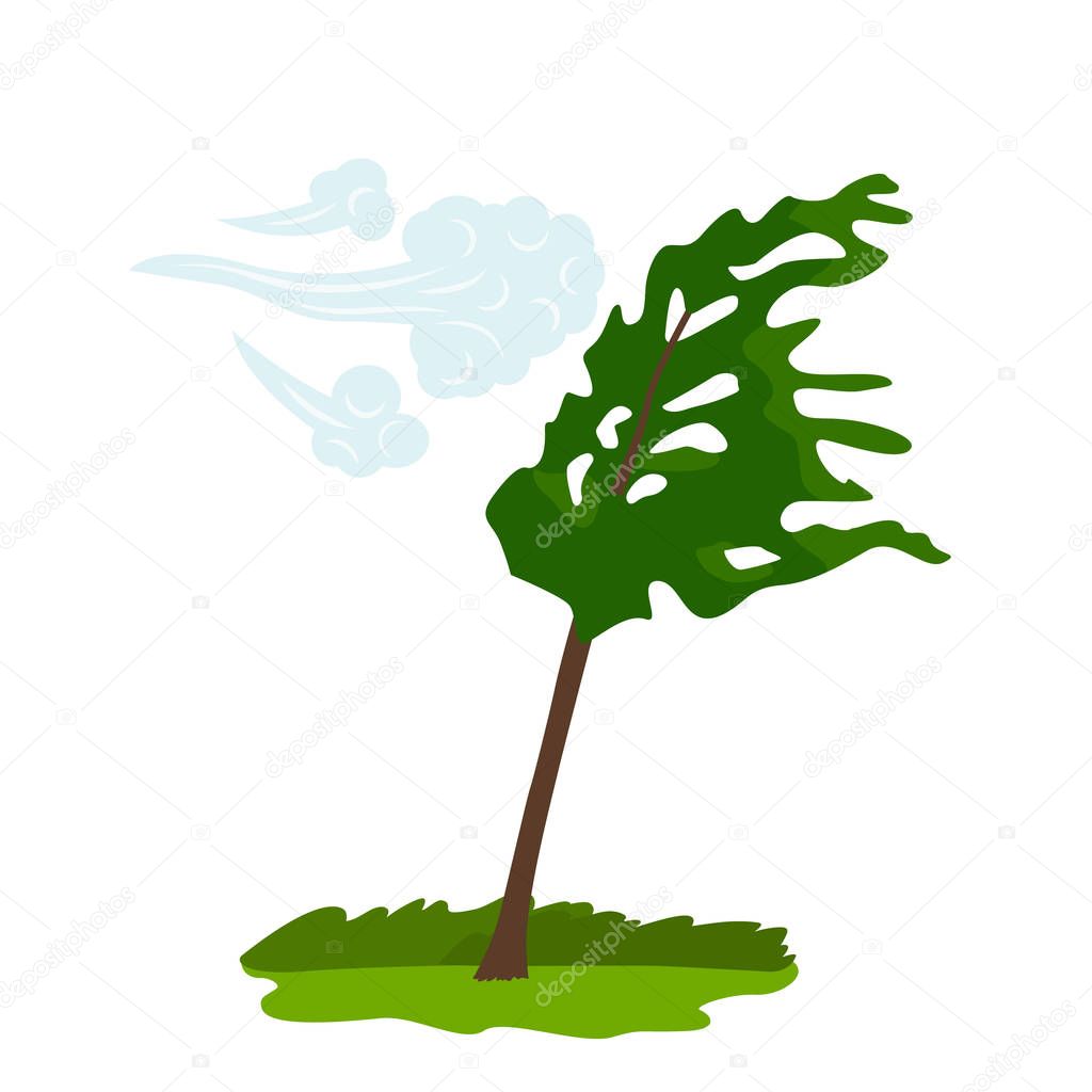 The icon of the wind that bends the green tree. concept of weather, tornado and other elements of nature. flat vector illustration isolated on white background