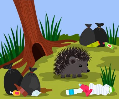 Ormandaki plastik atıklardan kaynaklanan ekolojik felaket. bir çöplük ve çöp torbaları arka planda onun vizon yanında sevimli bir kirpi.