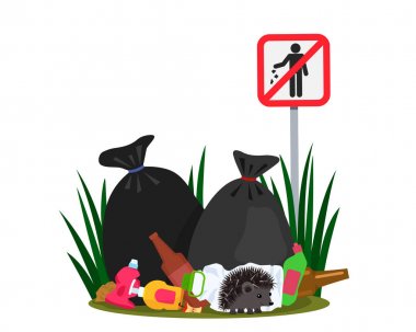 Ormandaki plastik atıklardan kaynaklanan ekolojik felaket. bir çöplük ve çöp torbaları arka planda onun vizon yanında sevimli bir kirpi.