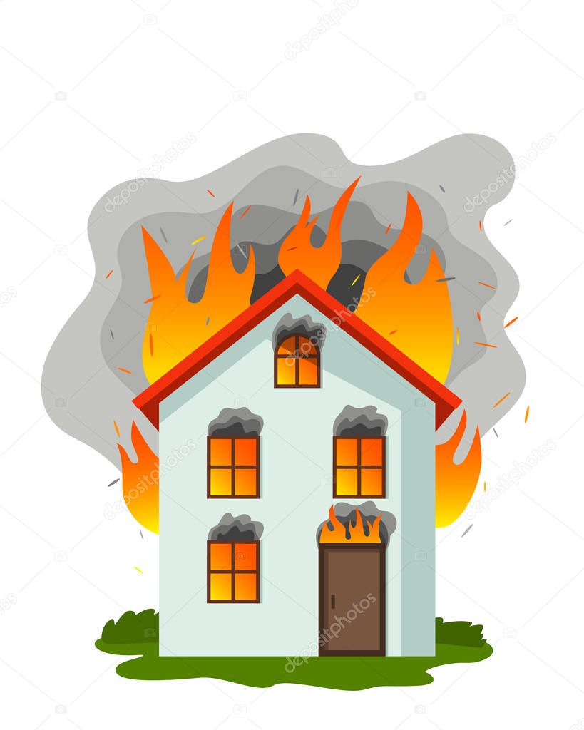 a country house blazing in a fire burns in smoke. flat vector illustration isolated