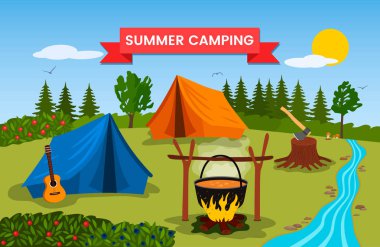yaz kampında orman manzara güneşli bir gün. Doğa, ahşap, şenlik ateşi, çadır ve gitar yeşil turizmin sembolleridir. vektör illüstrasyon. doğada kavram tatil