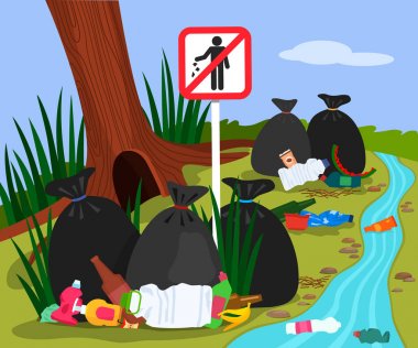 Ormandaki plastik atıklardan kaynaklanan ekolojik felaket. nehirde orman peyzaj çöplük ve çöp torbaları. Çöp işaretini durdurma.