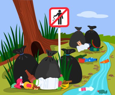 Ecological disaster from plastic waste in the forest. forest landscape garbage dump and trash bags in the river. Stop trash sign. clipart