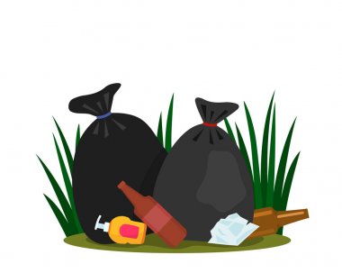 Ormandaki plastik atıklardan kaynaklanan ekolojik felaket. çöplük ve çöp torbaları. kavram doğaya dikkat. Vektör