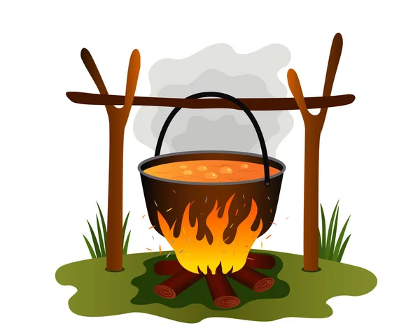 Boiling lunch in a pan in nature. Boiler and bonfire in the summer camp. concept of green tourism and recreation. flat vector illustration — Stock Vector