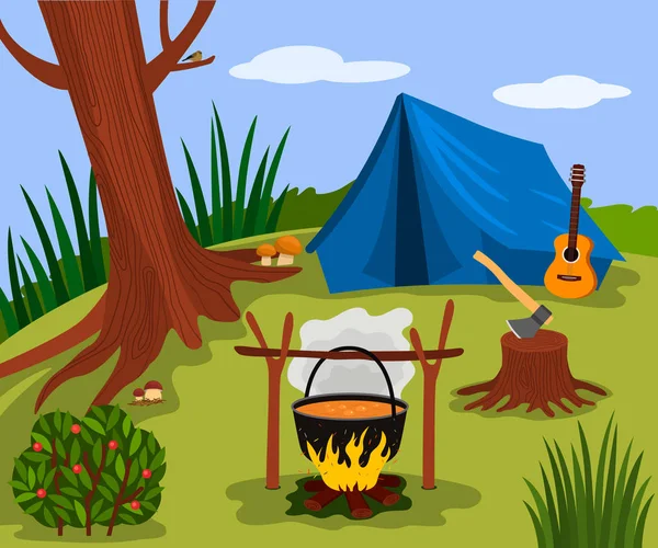 Forest landscape sunny day in the summer camp. Nature, wood, bonfire, tent and guitar are symbols of green tourism. vector illustration. concept holidays in nature — Stock Vector