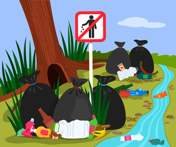 Umweltkatastrophe durch Plastikmüll im Wald. Waldlandschaft Müllhalde und Müllsäcke im Fluss. Stopp-Schild. — Stockvektor