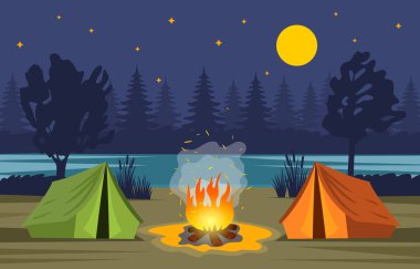 Yaz kampında akşam orman manzara. Doğa, orman, şenlik ateşi, çadır yeşil turizmin sembolleridir. vektör illüstrasyon. Tatil ve doğa tatilleri konsepti.