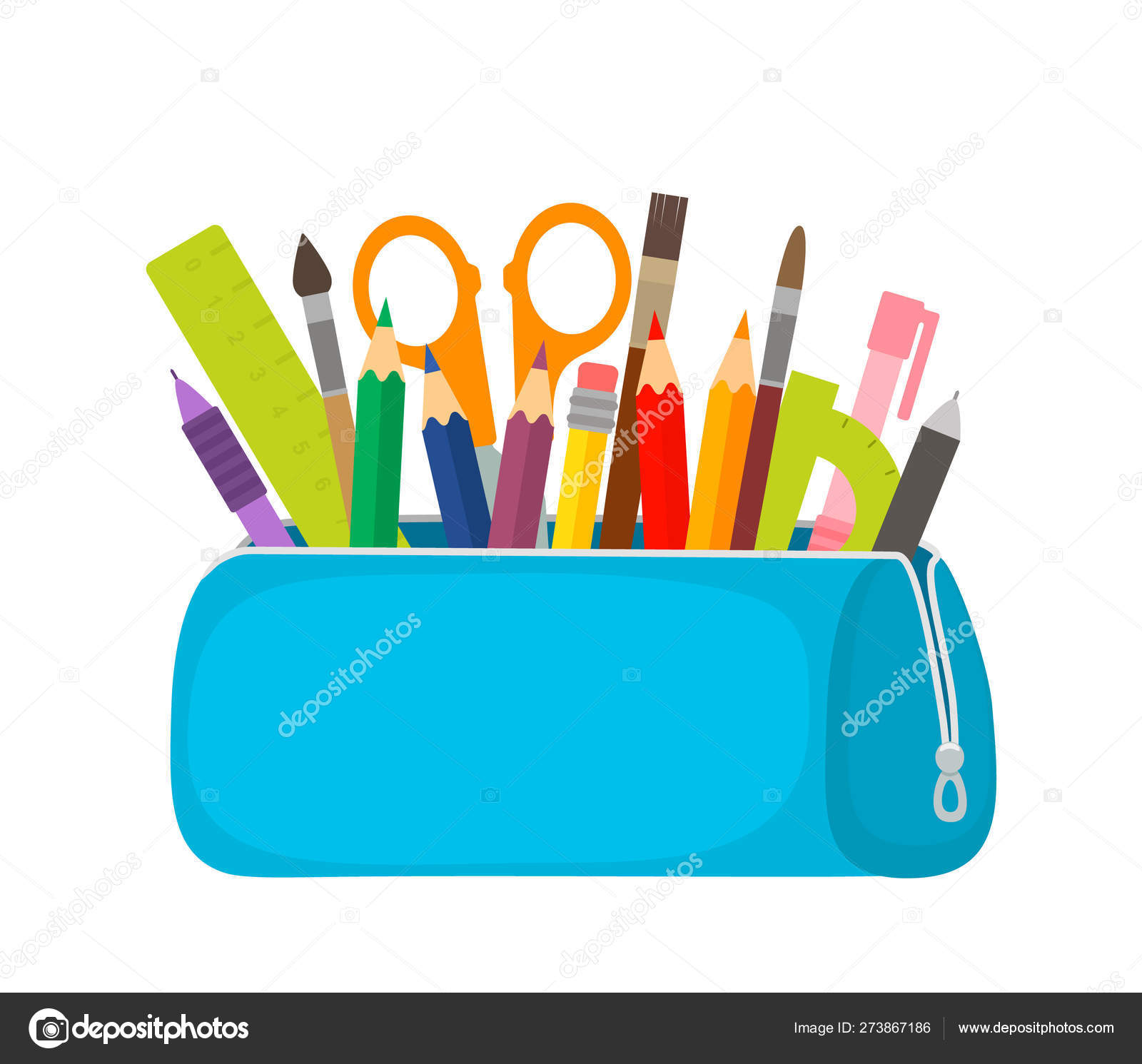 Bright school pencil case with filling school stationery such as pens