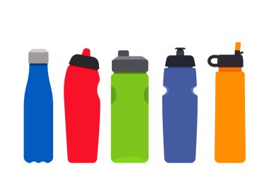 Spor ve fitness için plastik renkli şişeler kümesi. Aqua maden suyu kaplarının siluetleri. düz vektör illüstrasyon