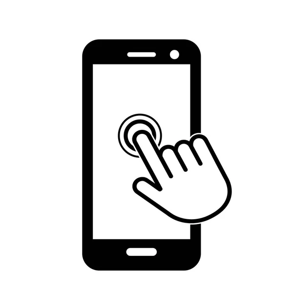 Haga clic aquí el botón con el icono de la mano en la pantalla del teléfono. Icono lineal para web. ilustración vectorial plana — Archivo Imágenes Vectoriales