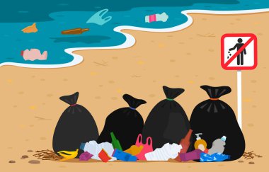 bir stop işareti çöp ile plajda plastik ve çöp torbaları. insan atıkları tarafından kirletilmiş sahil. Çevreyi koruyun. Illüstrasyon