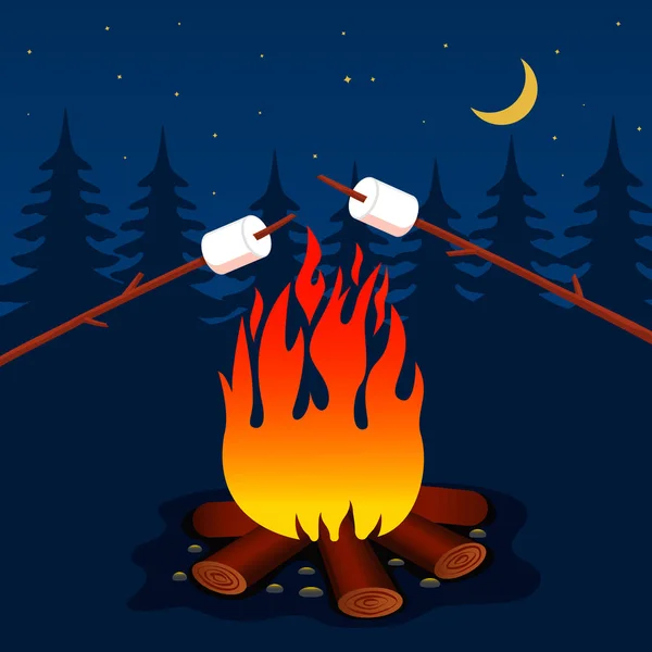 Vreugdevuur en marshmallows op stokken. Dessert in het bos. concept van kamperen en picknick in de natuur. Illustratie — Stockvector