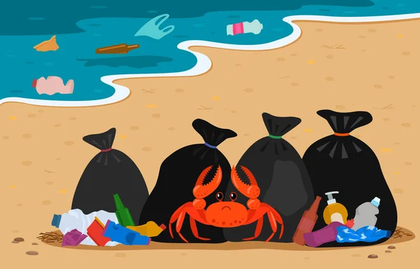 Cangrejo de mar enredado en plástico sobre el fondo de vertederos y bolsas de basura en la playa. costa contaminada por residuos humanos. Proteger el medio ambiente. ilustración — Archivo Imágenes Vectoriales