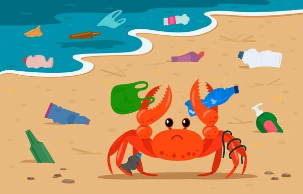 Cangrejo de mar enredado en plástico sobre el fondo de vertederos y bolsas de basura en la playa. costa contaminada por residuos humanos. Proteger el medio ambiente. ilustración — Archivo Imágenes Vectoriales