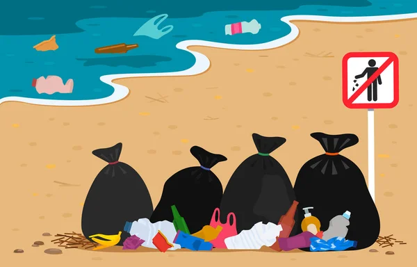 Bolsas de plástico y basura en la playa con una señal de stop basura. costa contaminada por residuos humanos. Proteger el medio ambiente. ilustración — Archivo Imágenes Vectoriales