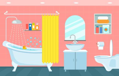 banyo ve tuvalet modern iç. Asma tuvalet, lavabo ve banyo temizlik duş sembolleri ile . vektör illüstrasyon