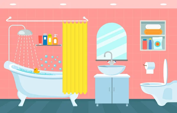 Moderno interior de baño y aseo. WC colgante, lavabo y baño con ducha símbolos de limpieza. ilustración vectorial — Vector de stock