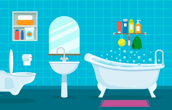 Moderno interior de baño y aseo. WC colgante, lavabo y baño con ducha símbolos de limpieza. ilustración vectorial — Vector de stock