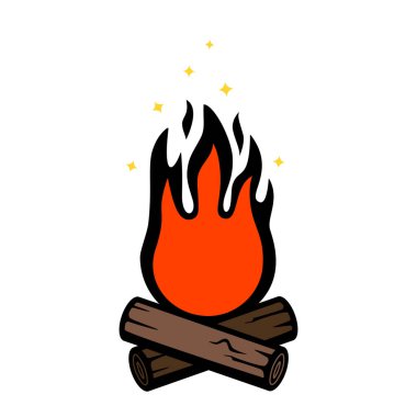 Doğrusal bir tarzda açık havada günlükleri ile Şenlik ateşi. kamp ve açık havada rahatlatıcı kavramı. düz vektör