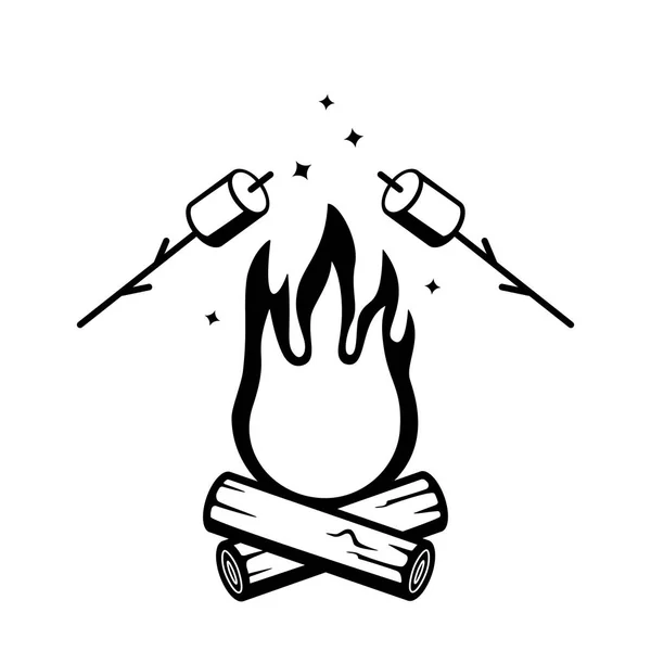 Api unggun dan marshmallow di tongkat. Makanan penutup di hutan. Konsep berkemah dan piknik di alam. Pola siluet logo retro  . Stok Ilustrasi Bebas Royalti